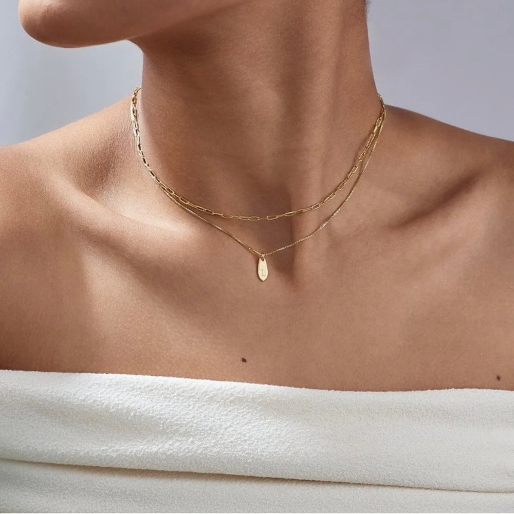 Oak and Luna Solid 14k gold single drop charm necklace, letter L. 18” chain